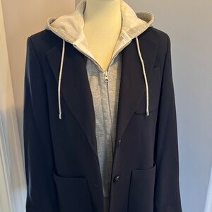 Veronica Beard Navy Bankes Oversized Dickey Jacket with light gray hooded dickey